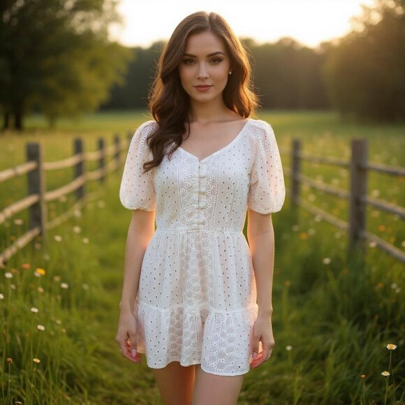 Zara Basic White Puff Sleeve Floral Embroidered Dress Cottagecore M/L - Picture 1 of 13